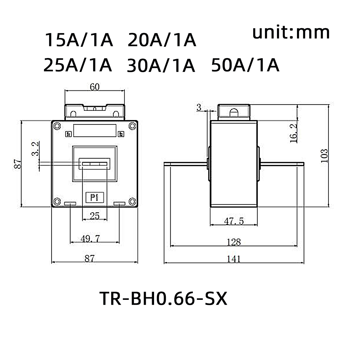 TR-BH0.66-SX Transformers de courant basse tension pour la mesure et la protection 15A 20A / 1V 5V CLASSE1.0